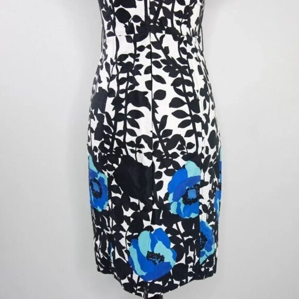 Vintage floral print black white, square neck,‎ bubble short sleeve sheath dress